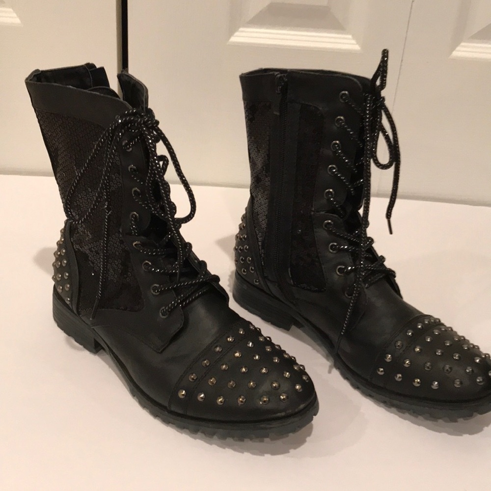 Embellished Women’s Black Combat Boots Size 7 US